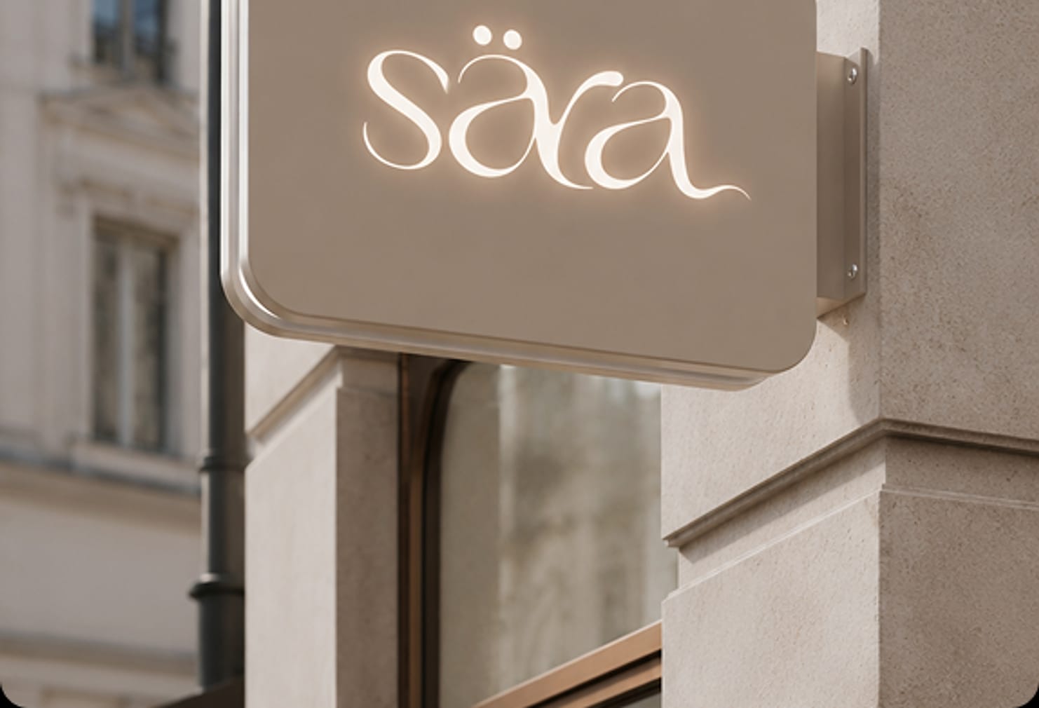 The illuminated sāra salon sign on a building facade