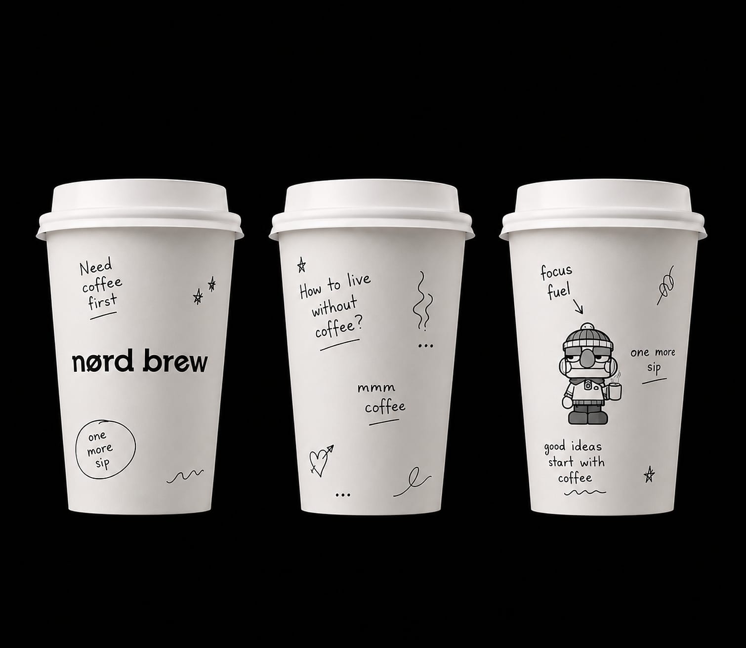 Three nørd brew cups with illustrated copy
